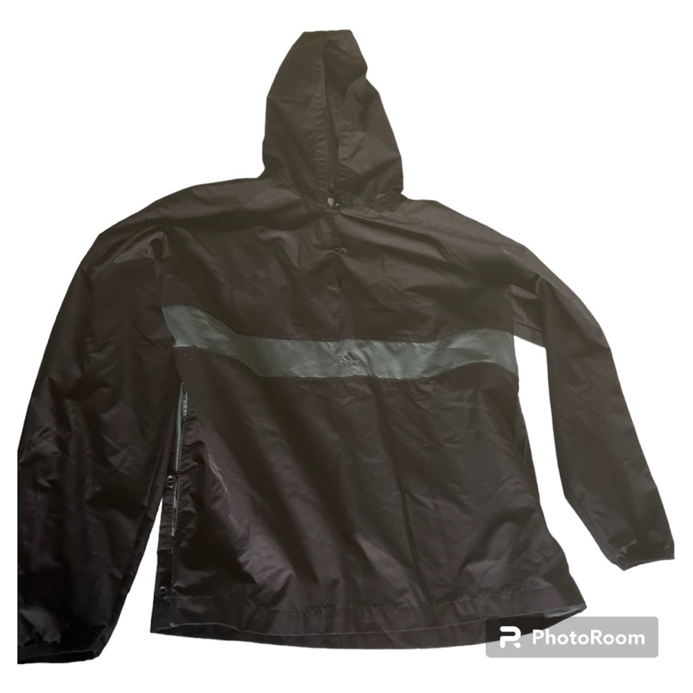 Adidas black teal stripe rain jacket button front closure half way down